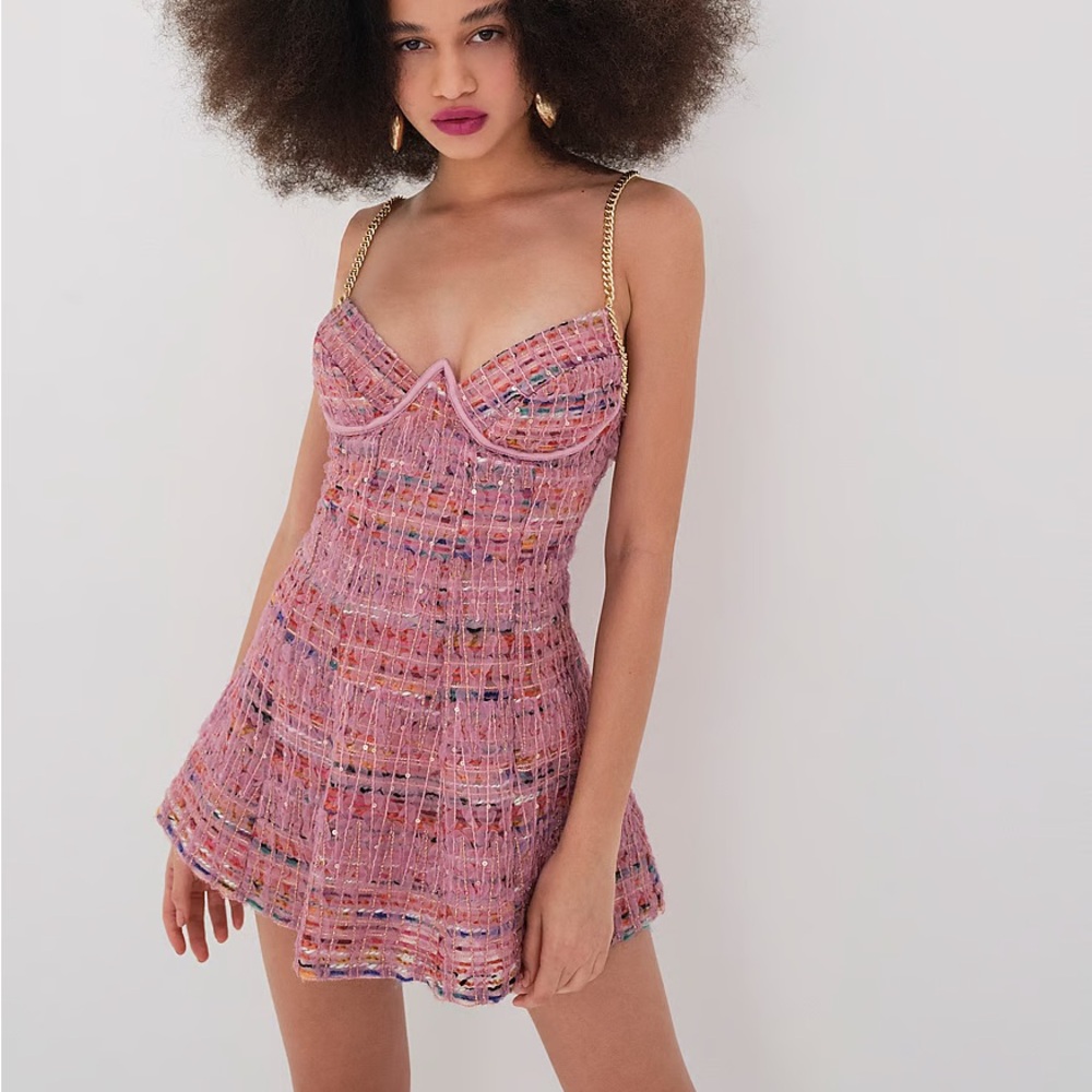 For Love & Lemons Plaid Pink Multi Mini Dress Celine Tweed Chain (S) Like New - Picture 6 of 13